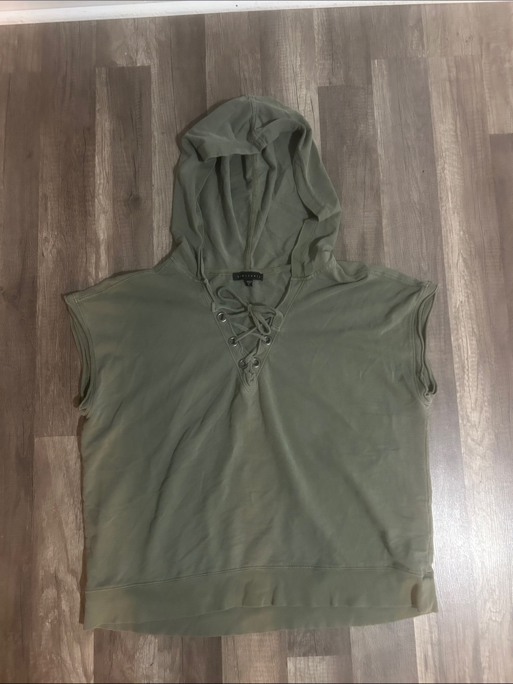 Sanctuary Women’s Shirt Olive Green 100% Cotton Lace-Up Sleeveless Hoodie Large